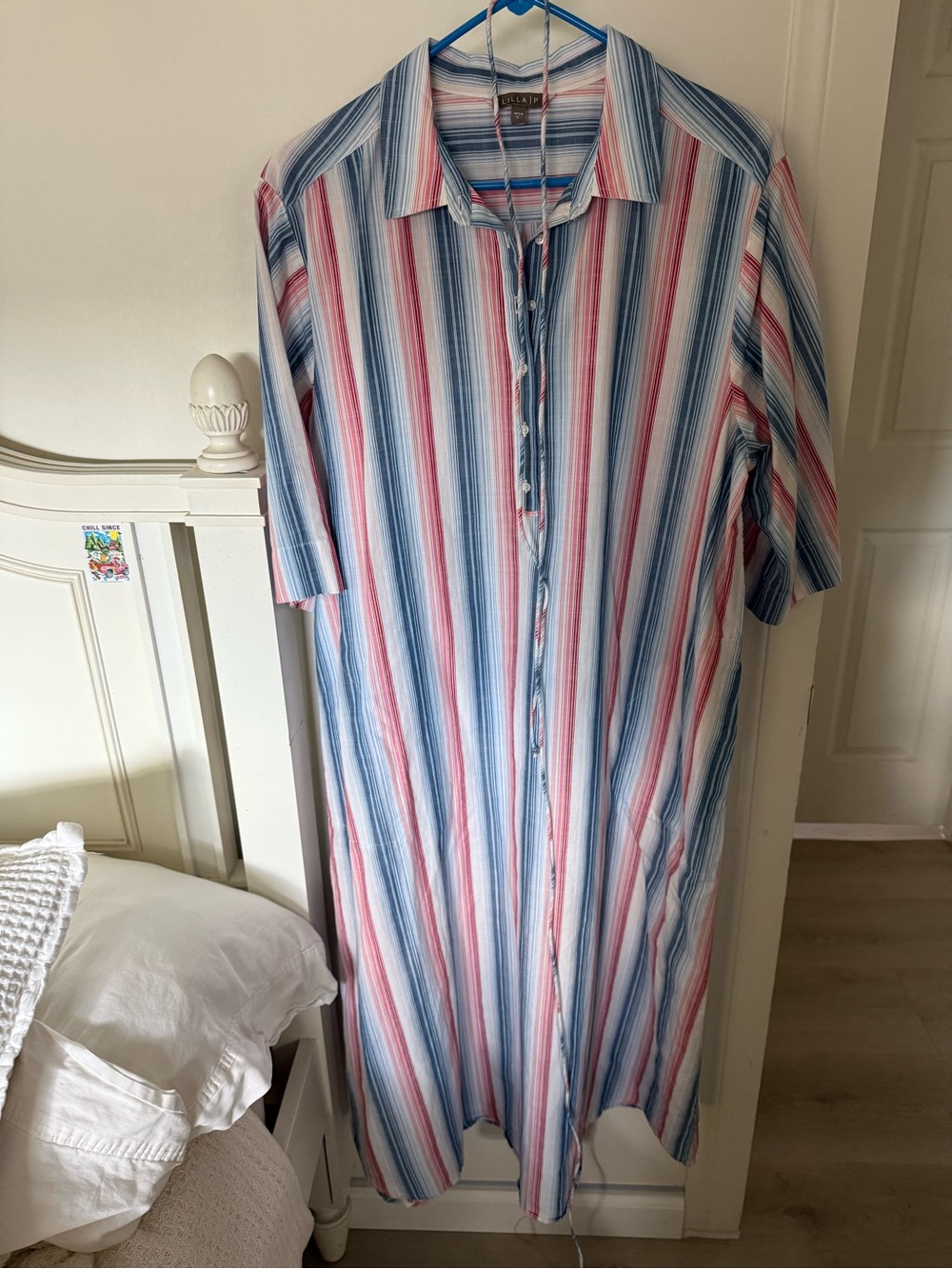 Lilla P Short-Sleeve cotton maxi Stripe dress- Blue & Red & White SZ L NWOT